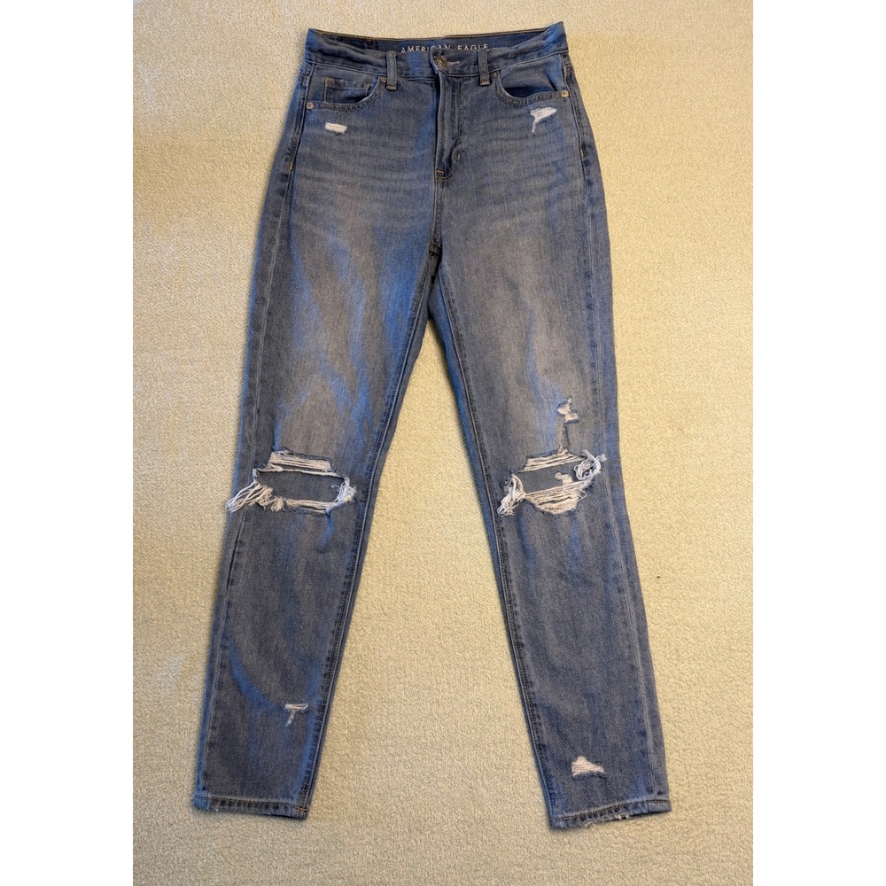 American Eagle Mom Jeans Womens 0 Regular Blue Distressed High Waisted Denim